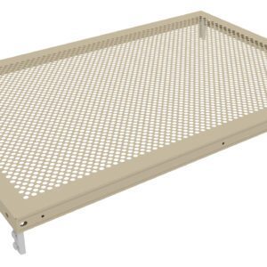 A rectangular, beige metal perforated shelf with circular holes and brackets on the sides. The shelf is designed for ventilation and support, viewed at a slight angle against a white background.