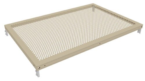 A rectangular, beige metal perforated shelf with circular holes and brackets on the sides. The shelf is designed for ventilation and support, viewed at a slight angle against a white background.