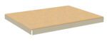 A rectangular wooden shelf with a light brown top and beige sides, viewed from a slight angle. It appears sturdy and is suitable for storage or display purposes.