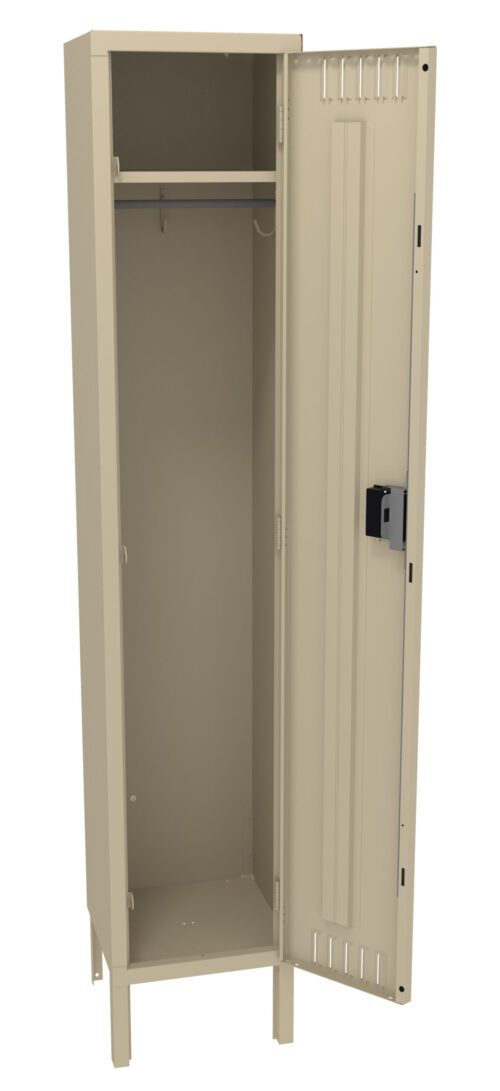 pvwouath3hsy3qlzwblu.jpg A beige metal locker stands open, revealing an empty interior with a single shelf and a hanging rod. The locker door has ventilation slits and a lock mechanism.