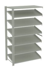 Introducing the Tennsco Q Line Shelving: a tall, gray industrial shelving unit featuring eight adjustable metal shelves, each angled slightly. Supported by a frame with perforated sides for effortless height adjustment, this empty unit is ready to organize your space against any plain backdrop.