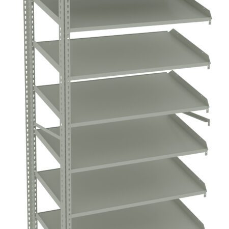 Introducing the Tennsco Q Line Shelving: a tall, gray industrial shelving unit featuring eight adjustable metal shelves, each angled slightly. Supported by a frame with perforated sides for effortless height adjustment, this empty unit is ready to organize your space against any plain backdrop.