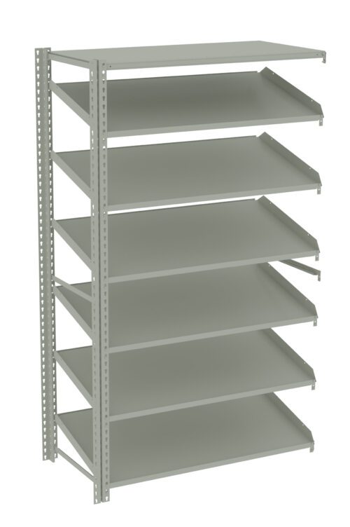 Introducing the Tennsco Q Line Shelving: a tall, gray industrial shelving unit featuring eight adjustable metal shelves, each angled slightly. Supported by a frame with perforated sides for effortless height adjustment, this empty unit is ready to organize your space against any plain backdrop.