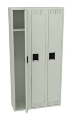 A beige metal locker with two doors is shown. One door is slightly open, revealing an empty interior with a single shelf inside. The locker has black handles and small ventilation vents at the top and bottom of each door.