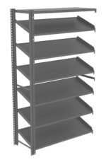 A tall, free-standing storage shelf with seven flat, metal shelves viewed from a three-quarter angle. The shelves are evenly spaced and supported by a sturdy frame. The unit is empty and set against a plain white background.