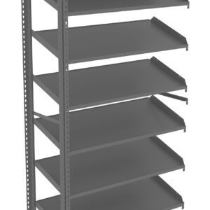 A tall, free-standing storage shelf with seven flat, metal shelves viewed from a three-quarter angle. The shelves are evenly spaced and supported by a sturdy frame. The unit is empty and set against a plain white background.