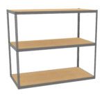 Three-tier metal shelving unit with wooden shelves. The frame is gray, and the shelves are evenly spaced. The unit is empty and positioned against a plain white background.
