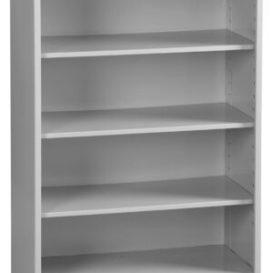 A tall, gray metal bookshelf with four adjustable shelves. The design is simple and industrial, suitable for office or home storage. The shelf is empty, showcasing a sleek and functional appearance.