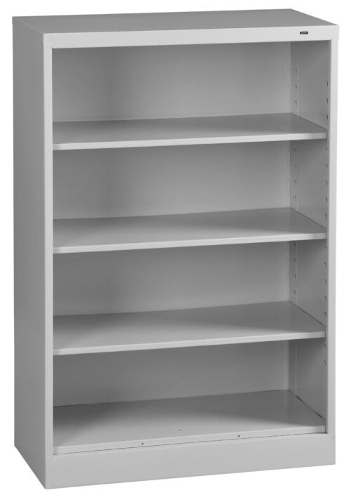 A tall, gray metal bookshelf with four adjustable shelves. The design is simple and industrial, suitable for office or home storage. The shelf is empty, showcasing a sleek and functional appearance.