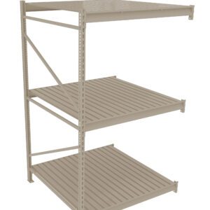A beige industrial metal shelving unit with three wide, evenly spaced shelves and sturdy vertical supports. The design is open and utilitarian, suitable for storage in warehouses or garages.