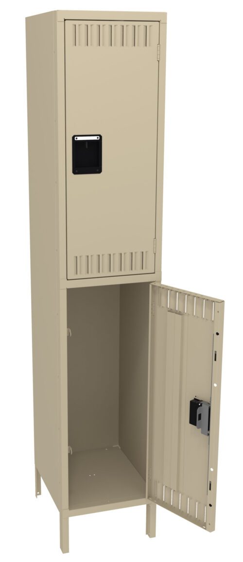 A beige metal locker with two compartments is shown. The top door is closed, featuring a vented design and a handle. The bottom door is open, revealing an empty space inside. Both compartments have a similar vented pattern.