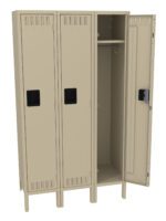 Three beige metal lockers with black handles, set side by side. The locker on the right is open, revealing an empty interior with a hanging rod. The lockers have vents near the tops and bottoms of the doors, and the unit stands on legs.