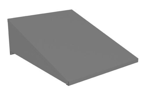 Gray, metal wall-mounted slant hood vent cover with a rectangular base and angled top, designed to protect external air vents from weather elements.