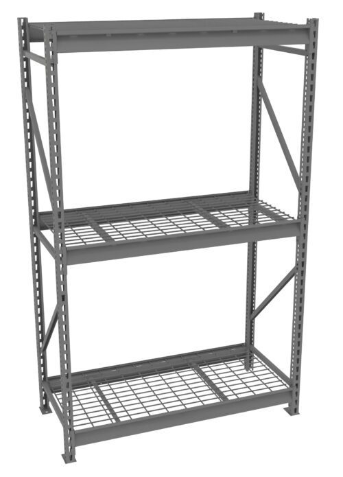 A gray metal storage rack with three wire mesh shelves. The structure includes vertical supports and diagonal cross braces for stability. The design is industrial, suitable for storing heavy items in warehouses or garages.