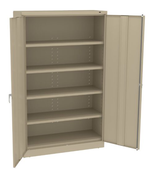 px2fjout6vcnlu5xpwcg.jpg Open beige metal storage cabinet with five adjustable shelves. The cabinet doors are open, showing the empty interior. The design is simple and functional, suitable for office or industrial storage.