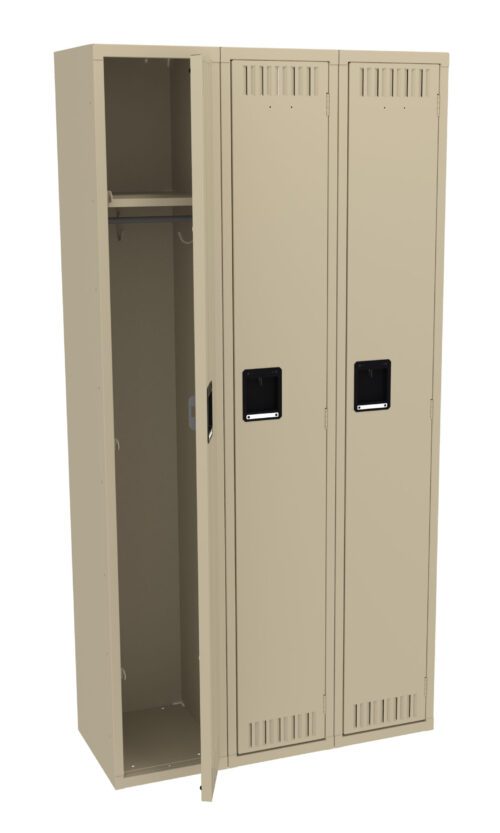 Three beige metal lockers are shown, one of which is open. The open locker reveals a hanging rod and a shelf inside. Each locker has a black handle and small ventilation slots at the top and bottom. The lockers are standing upright.