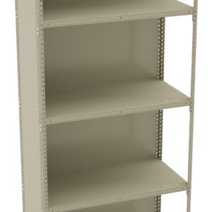 A beige, five-shelf metal storage unit with a minimalist design stands empty. The shelves are evenly spaced, suitable for organizing various items. The background is plain white.