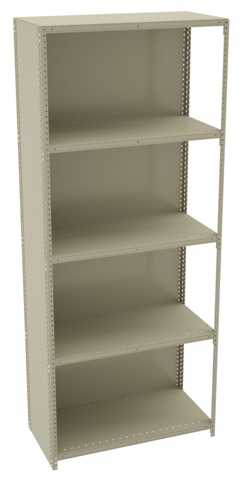A beige, five-shelf metal storage unit with a minimalist design stands empty. The shelves are evenly spaced, suitable for organizing various items. The background is plain white.