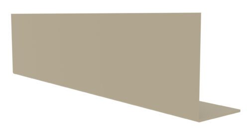 A beige, L-shaped metal bracket is positioned upright against a plain white background. The bracket has a long horizontal base and a taller vertical section.