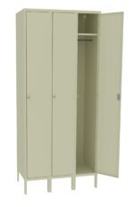 A beige metal three-door locker with one door open, revealing an empty interior with a hanging rod and hook. The locker has a minimalist design and stands on small legs.