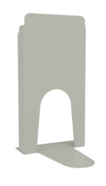 A freestanding, light gray hand sanitizer dispenser with a sleek, minimalist design. It has a tall rectangular top and a semi-circular base, featuring a cut-out for pedal operation.