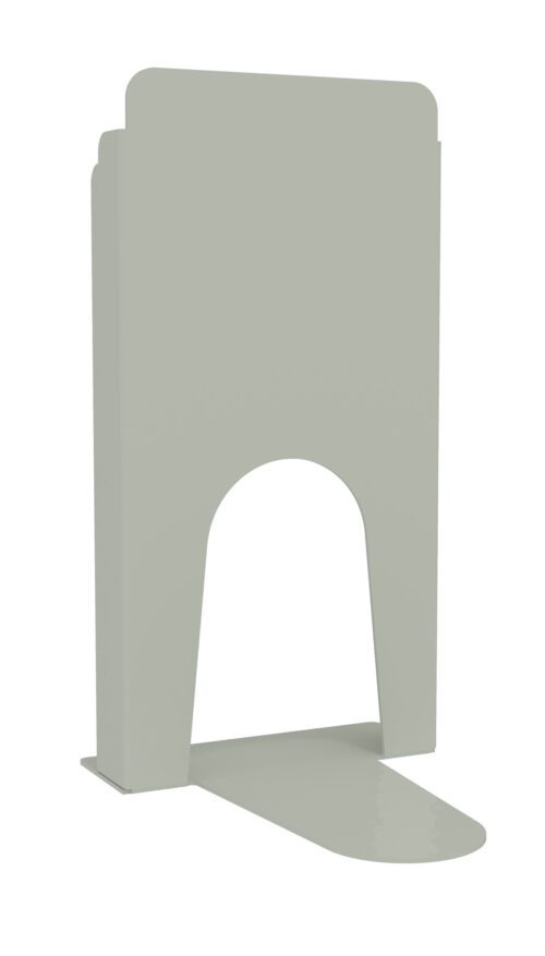 A freestanding, light gray hand sanitizer dispenser with a sleek, minimalist design. It has a tall rectangular top and a semi-circular base, featuring a cut-out for pedal operation.