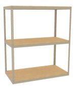 A beige metal shelving unit with three wooden shelves. The simple, industrial-style structure is empty and stands against a plain white background.