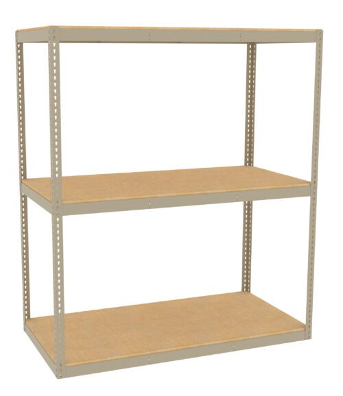 A beige metal shelving unit with three wooden shelves. The simple, industrial-style structure is empty and stands against a plain white background.