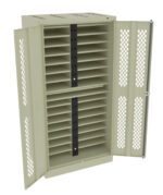 An open beige metal storage cabinet with two columns of shelves inside. Each column has multiple shelves, and the doors have a grid pattern for ventilation.