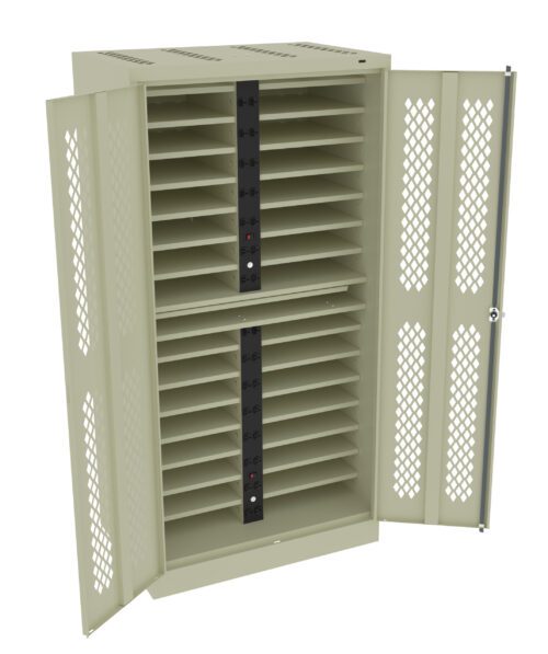 An open beige metal storage cabinet with two columns of shelves inside. Each column has multiple shelves, and the doors have a grid pattern for ventilation.