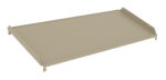 Tan metal shelf tray with side supports, shown on a white background.