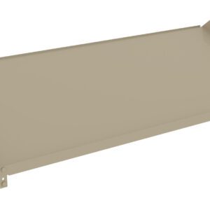 Tan metal shelf tray with side supports, shown on a white background.
