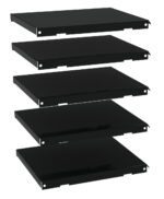 Five black metal shelves are stacked vertically in a staggered, descending order. Each shelf is flat and rectangular, with holes at the corners for mounting. The image has a plain white background.