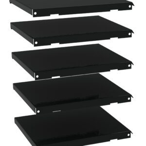 Five black metal shelves are stacked vertically in a staggered, descending order. Each shelf is flat and rectangular, with holes at the corners for mounting. The image has a plain white background.