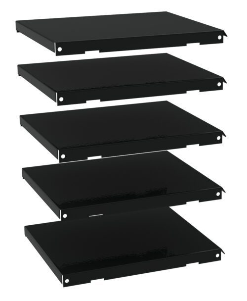 Five black metal shelves are stacked vertically in a staggered, descending order. Each shelf is flat and rectangular, with holes at the corners for mounting. The image has a plain white background.