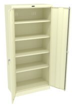 A beige metal storage cabinet with two doors open, revealing five adjustable shelves. The cabinet is empty and positioned on a plain white background.