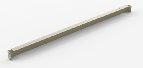 A long, light grey metal beam with square cross-section and holes at both ends, angled to the left against a plain white background.
