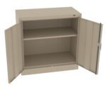A beige metal storage cabinet with two open doors revealing two shelves. The cabinet is on a white background, showing its full interior space, suitable for organizing items in an office or home setting.