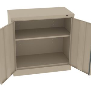 A beige metal storage cabinet with two open doors revealing two shelves. The cabinet is on a white background, showing its full interior space, suitable for organizing items in an office or home setting.
