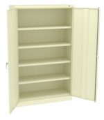 A beige metal storage cabinet with two doors, one open to reveal five adjustable shelves inside. The cabinet has a simple, industrial design and is shown against a plain white background.
