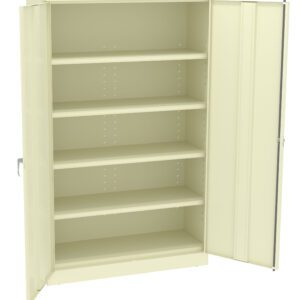 A beige metal storage cabinet with two doors, one open to reveal five adjustable shelves inside. The cabinet has a simple, industrial design and is shown against a plain white background.