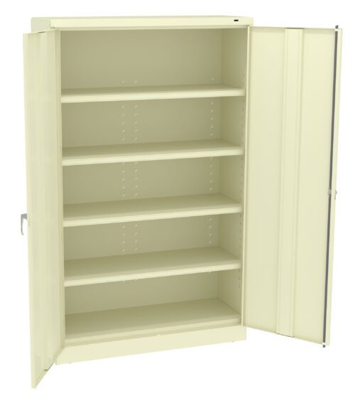 pzw9zjoyjxxmjbbep3ca.jpg A beige metal storage cabinet with two doors, one open to reveal five adjustable shelves inside. The cabinet has a simple, industrial design and is shown against a plain white background.