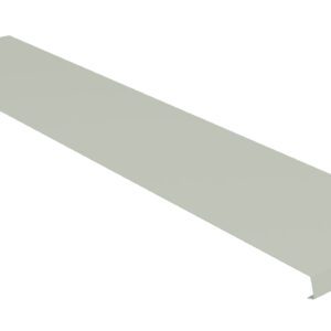 A long, rectangular metal sheet with a slight bend on one side and a small hole in one corner, set against a white background. The sheet is light gray and appears to be a part of a larger structure or machinery.