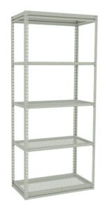 A tall, metal storage shelf unit with five perforated shelves. The frame is made of light gray metal, featuring triangular cut-out patterns on the vertical supports. The shelves are evenly spaced and designed for storage organization.
