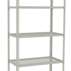 A tall, metal storage shelf unit with five perforated shelves. The frame is made of light gray metal, featuring triangular cut-out patterns on the vertical supports. The shelves are evenly spaced and designed for storage organization.