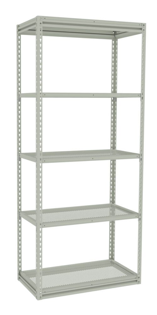 A tall, metal storage shelf unit with five perforated shelves. The frame is made of light gray metal, featuring triangular cut-out patterns on the vertical supports. The shelves are evenly spaced and designed for storage organization.