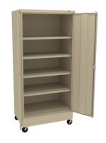 Beige metal storage cabinet on wheels with one door open, revealing five empty shelves.