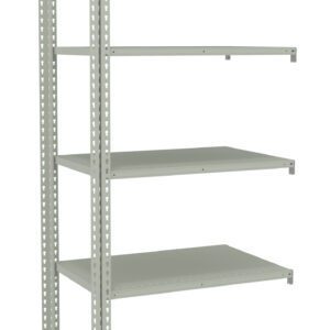 A tall, light gray metal shelving unit with five adjustable shelves, designed for storage. The frame has perforated holes for adjustable spacing, suitable for organizing various items in a garage or workshop.