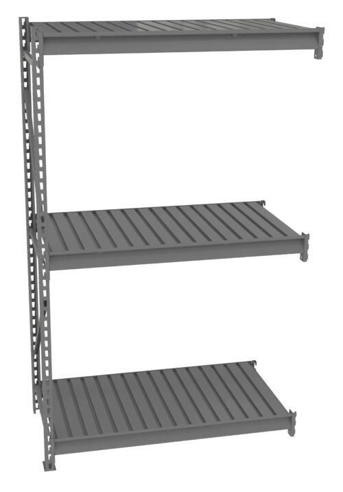 q1xqc84vlcsgpjuy2n0x.jpg Three-tiered gray metal shelving unit against a white background, with slatted shelves and vertical supports on one side. The shelves appear sturdy, suitable for storage or organization purposes.