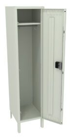 A tall, light gray metal locker with a single open door. Inside, it has an upper shelf and a hanging rod. The locker stands on four legs and has a lock mechanism on the door. The interior is empty.